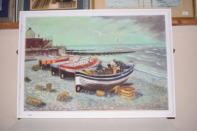Lot 304 - Boats on the shore, oil on board, framed