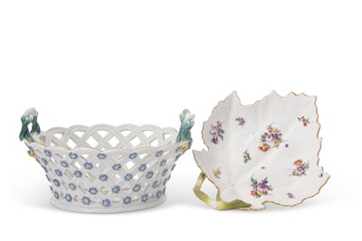 Lot 64 - A small Meissen leaf dish painted with floral...