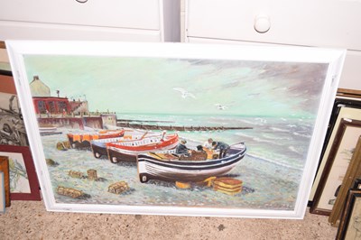 Lot 371 - Boats on the shore, oil on board, framed