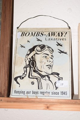 Lot 27 - A metal advertising sign for Bombs Away Laxative