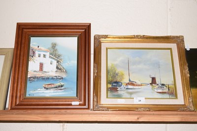Lot 24 - Oil on board study of moored boats and...