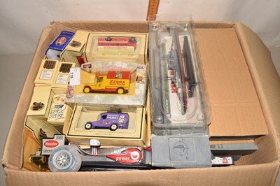 Lot 119 - A box of various toy vehicles, Battleships etc