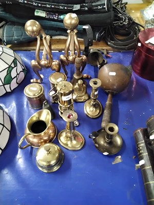 Lot 155 - Mixed Lot: Brass candlesticks, fire dogs,...