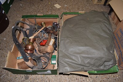 Lot 203 - Two boxes of assorted items to include brass...