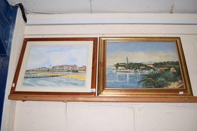 Lot 229 - Watercolour study of a beach scene with town...