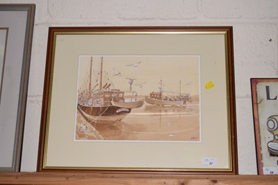 Lot 27 - Mackie study of fishing boats, framed and glazed