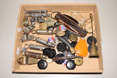 Lot 97 - Box of various vintage whistles and other...