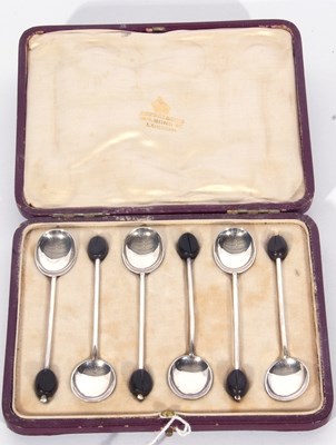 Lot 206 - Cased set of six silver bean end coffee spoons,...