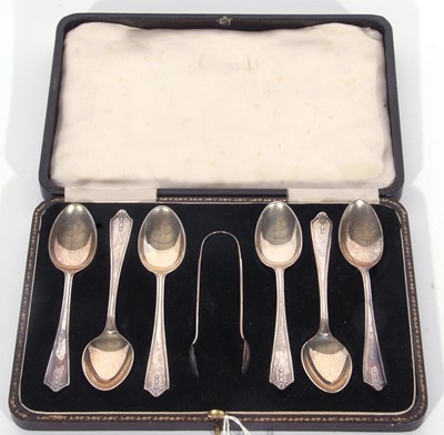 Lot 207 - Cased George VI set of tea spoons and tongs...