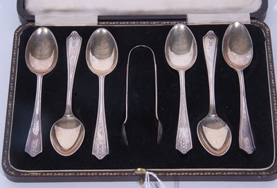 Lot 207 - Cased George VI set of tea spoons and tongs...