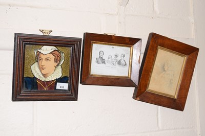 Lot 933 - A framed tile and royal print and a sketch of...