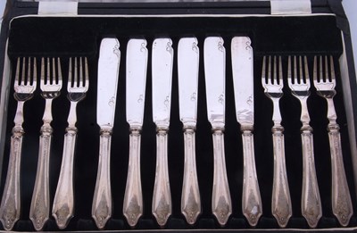 Lot 221 - Cased set of six pairs of silver handled fish...