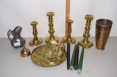 Lot 570 - Mixed Lot: Pewter, various brass candlesticks...