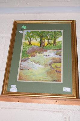 Lot 573 - A framed and glazed painting of a forest river...