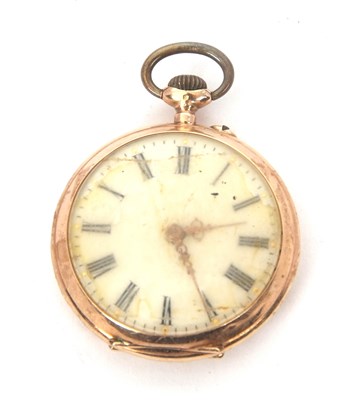Lot 261 - A yellow metal fob watch stamped 14k on the...