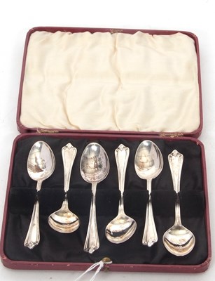 Lot 247 - A cased set of six George V silver teaspoons,...