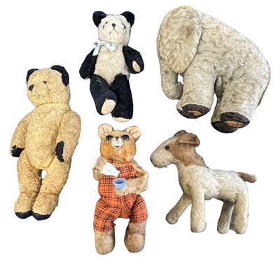 Lot 388 - Five well-loved vintage toy animals, to...