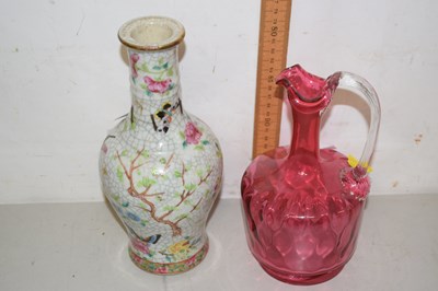 Lot 68 - Crackle glazed Vase, t/w cranberry glass Jug