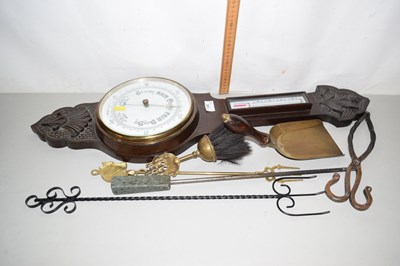 Lot 200 - Oak framed barometer, fire tools etc
