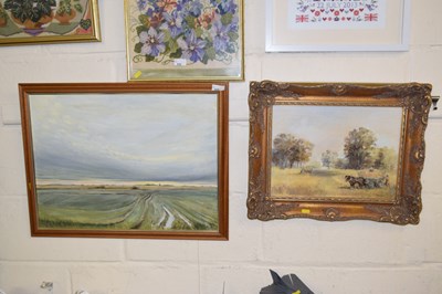 Lot 655 - Modern oil on board study of a harvest scene...