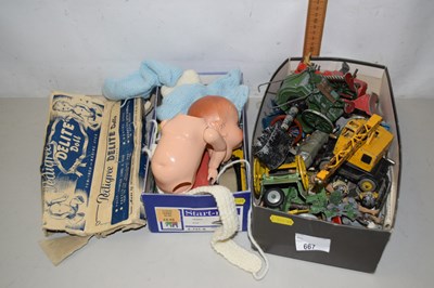 Lot 667 - Two boxes various playworn toy vehicals,...