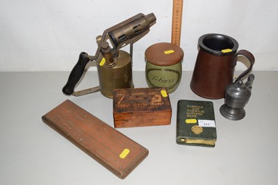 Lot 211 - Vintage brass blow lamp, cribbage boards and...