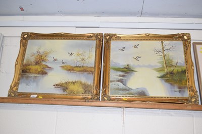 Lot 223 - Pair of modern oil on canvas studies of lake...