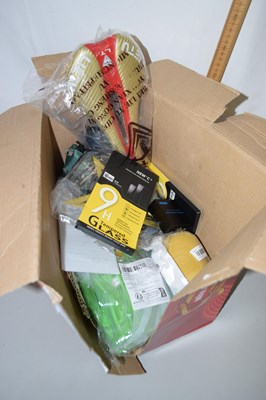 Lot 640 - Box various items to include a bike saddle,...