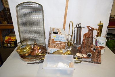Lot 654 - Various copper jugs, fire tools, spark guard,...