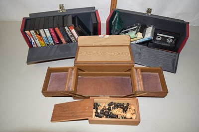 Lot 675 - two cases of cassettes, box of chess pieces etc