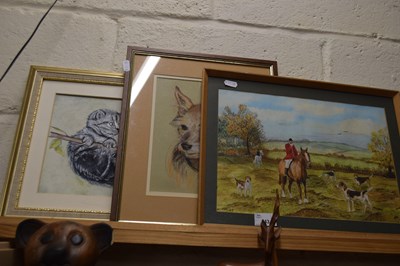 Lot 543 - THREE PRINTS OF CATS, DOGS, HUNTING SCENE