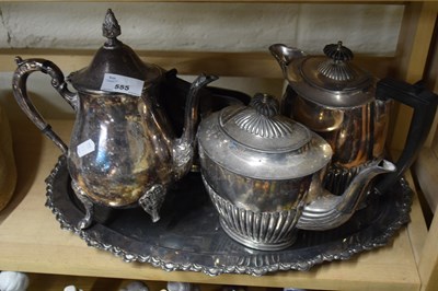Lot 555 - SILVER PLATED TRAY WITH TEA POT, COFFEE POT,...
