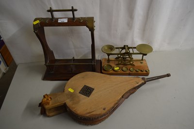 Lot 559 - Two bottle tantalus, postage scales and bellows