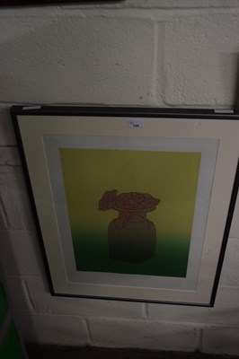 Lot 729 - Abstract coloured print, a vase of flowers,...