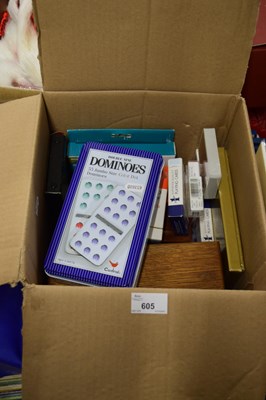 Lot 605 - Box of assorted dominos, playing cards etc