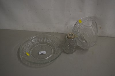 Lot 636 - QE2 comemorative glass dish and other glass