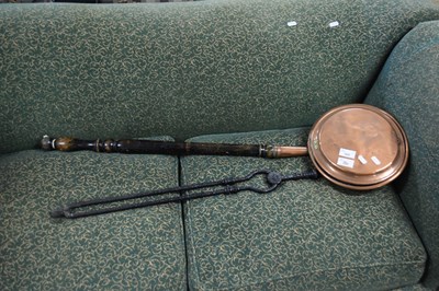 Lot 349 - COPPER BED WARMING PAN AND A PAIR OF IRON FIRE...