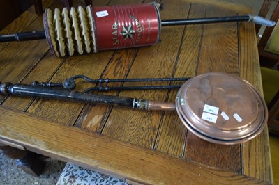 Lot 349 - COPPER BED WARMING PAN AND A PAIR OF IRON FIRE...