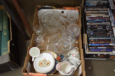 Lot 585 - ONE BOX MIXED GLASS WARES, STAFFORDSHIRE TEA...