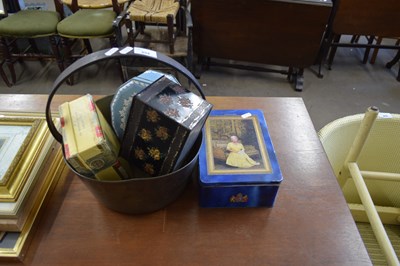 Lot 854 - BRASS JAM PAN AND SELECTION OF VINTAGE TINS...