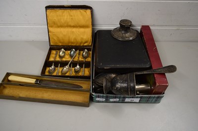 Lot 85 - BOX OF SILVER PLATED CUTLERY, INK WELL AND...