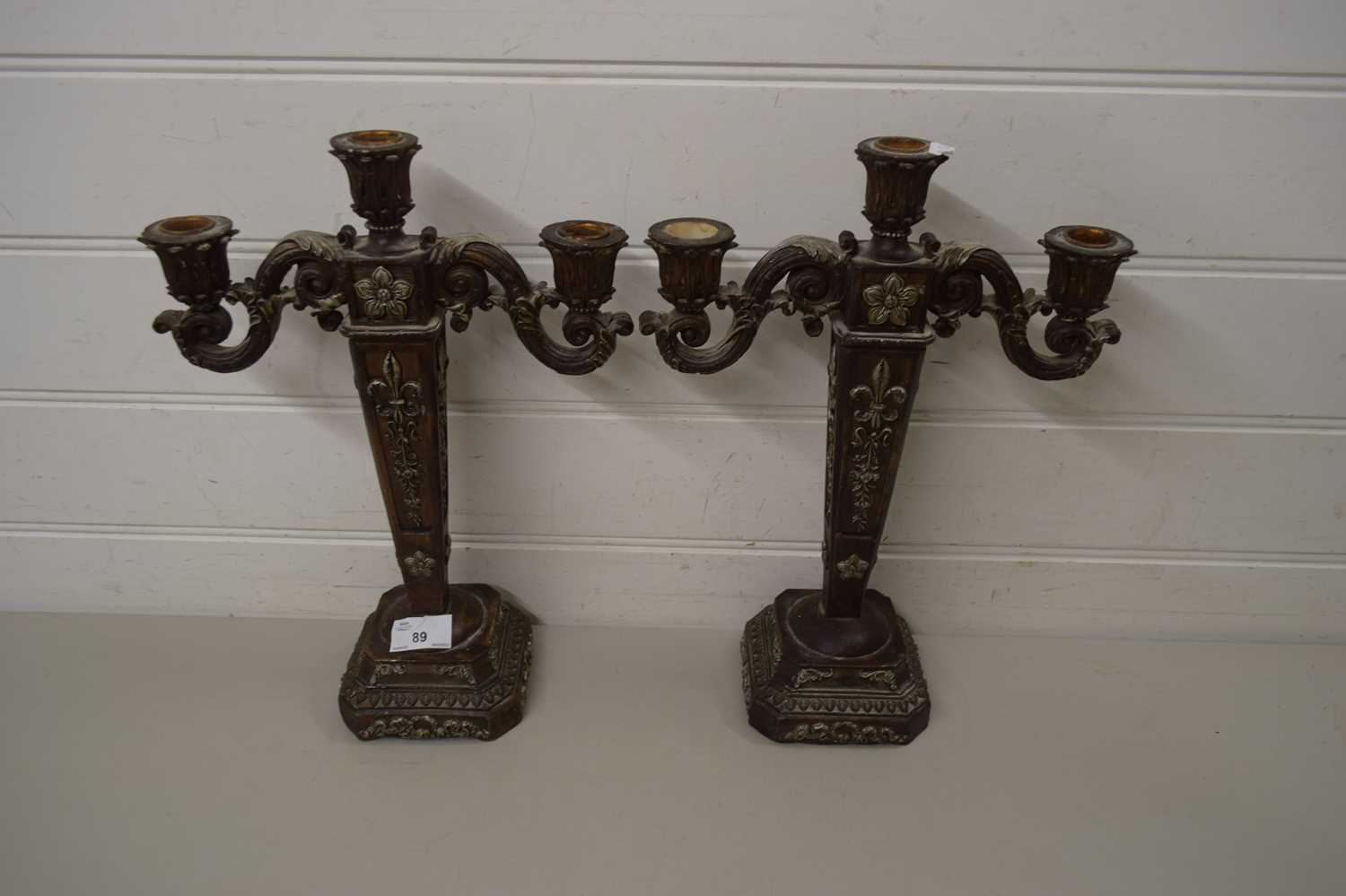 Lot 89 - PAIR OF BRONZED COMPOSITION CANDELABRA
