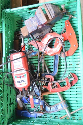 Lot 294d - Box containing bench vices, G-clamps etc