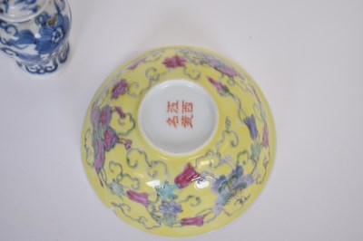 Lot 9 - Chinese porcelain bowl, the yellow ground with...
