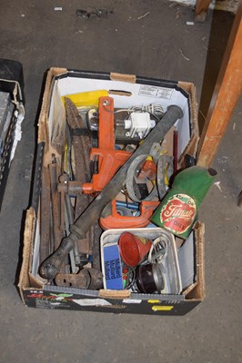 Lot 664 - ONE BOX VARIOUS TOOLS, VINTAGE OIL CAN ETC