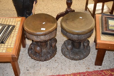 Lot 328 - PAIR OF HARDWOOD STOOLS, THE BASES CARVED WITH...