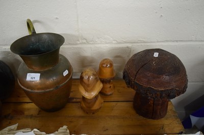 Lot 321 - THREE CARVED WOODEN TOADSTOOLS AND A COPPER...