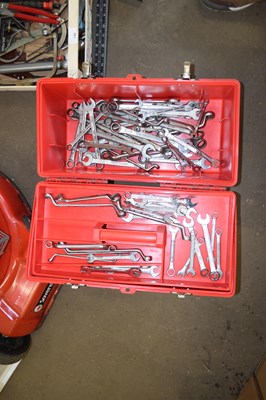 Lot 795 - RED PLASTIC TOOL BOX CONTAINING SPANNERS