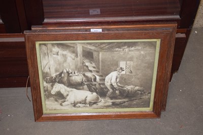 Lot 693 - PAIR OF OAK FRAMED PRINTS, STABLE INTERIOR SCENES