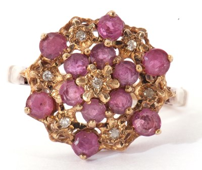 Lot 51 - 9ct gold ruby and diamond cluster ring, a...